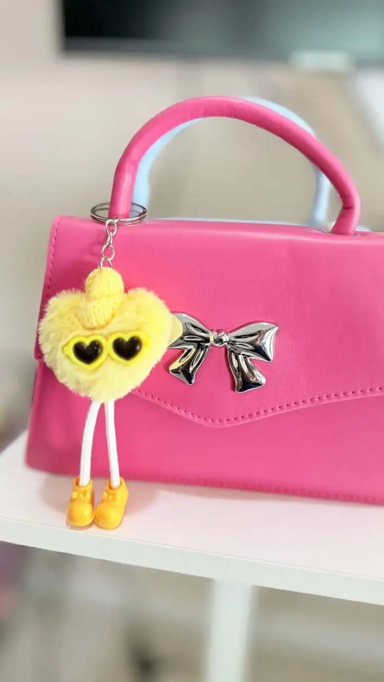 OMG Accessories Pink Angled Flap Crossbody Bag with Bow Detail and Furry Heart C